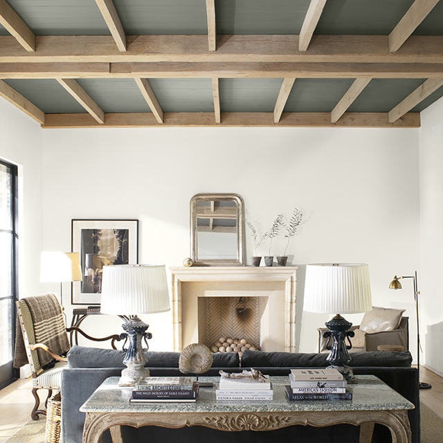 A modern neutral palette living room with high wood paneled ceiling painted in a dramatic gray.