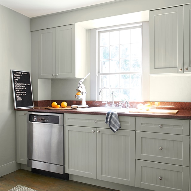 Une cuisine peinte en gris présentant un évier, un lave-vaisselle et une fenêtre.