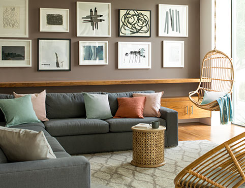 A living room in neutral paint colors sets a relaxing, warm tone.