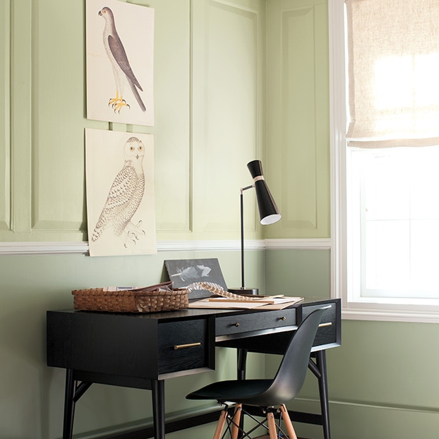 A pretty home office corner space with two-tone green painted walls, wainscotting on the upper walls, a black desk and chair, and bird illustrations.