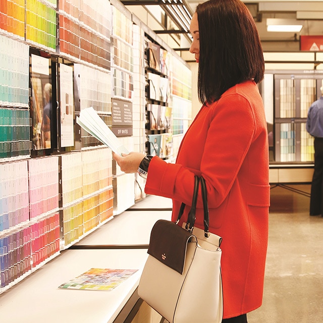 Benjamin Moore store customers review color, color chips and other color selection tools.