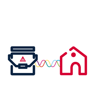 An illustrated icon representing a gallon of Benjamin Moore paint and colored lines linking to a house represent how the 