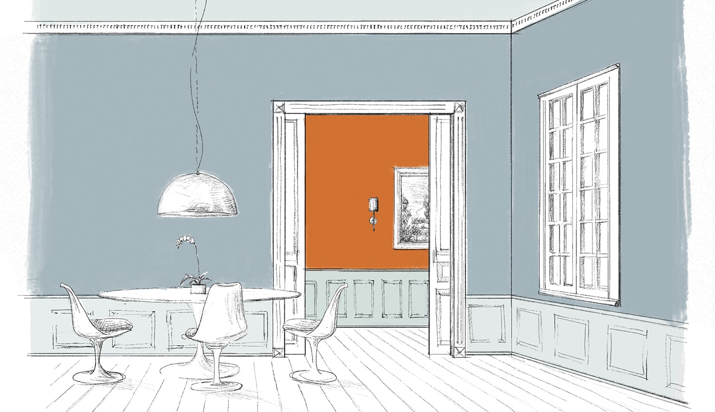 Croquis d’une salle à manger aux murs bleus avec plafond et lambris d’appui bleu pâle, et deux portes ouvrant sur un couloir orange vif.