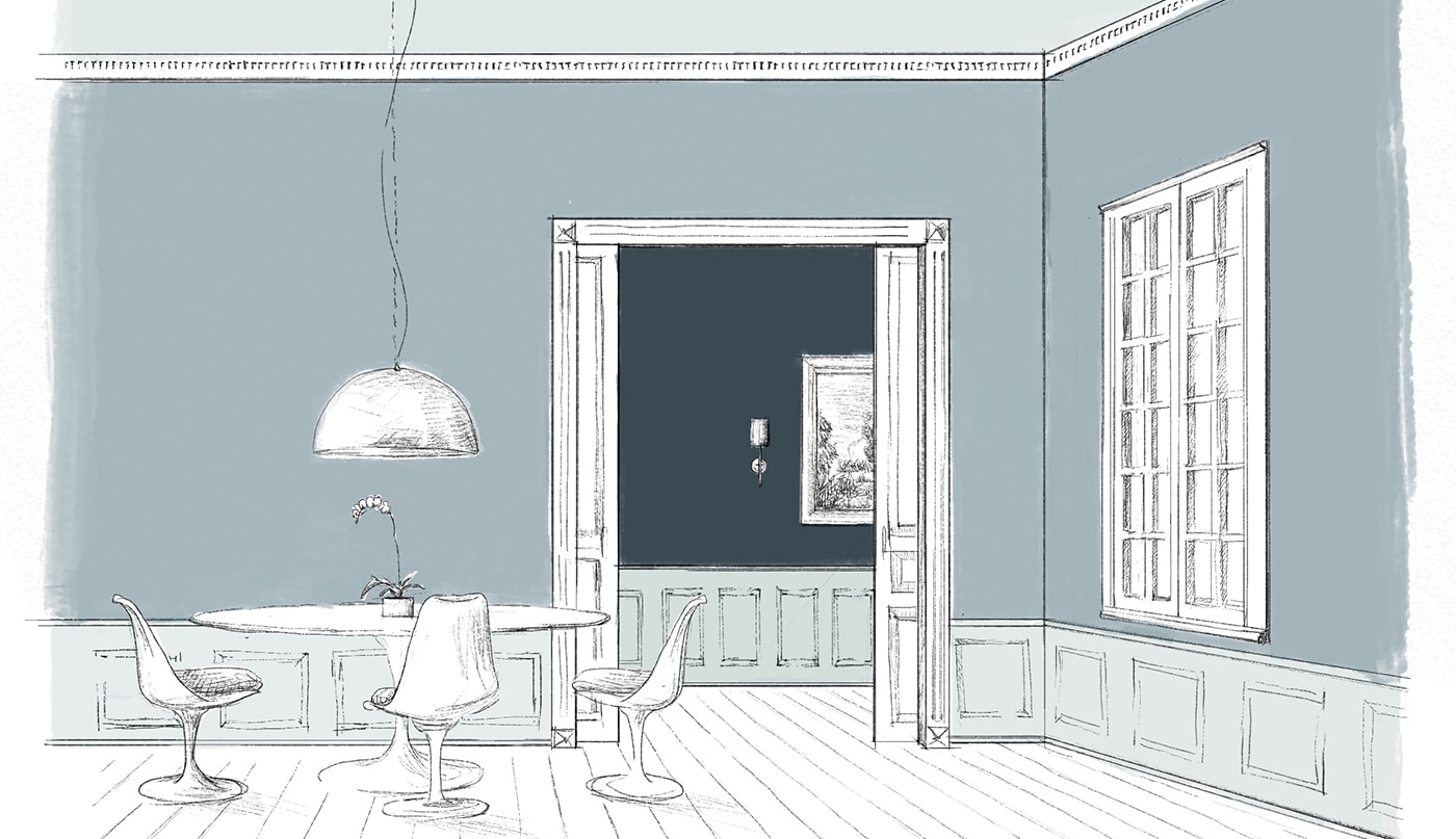 A sketch of a dining area with blue-painted walls, a light blue-painted ceiling and wainscoting, and two doors opening to a dark navy blue hallway.