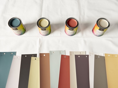 Open cans of paint color samples and an array of color swatches.