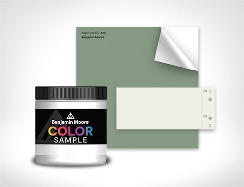 A selection of Benjamin Moore paint color samples.