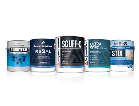 A gallon of Corotech® Waterborne Epoxy, Regal® Select Interior paint, Scuff-X® Interior paint, Ultra Spec® Self Sealing Interior paint and Insl-X® Stix® primer.