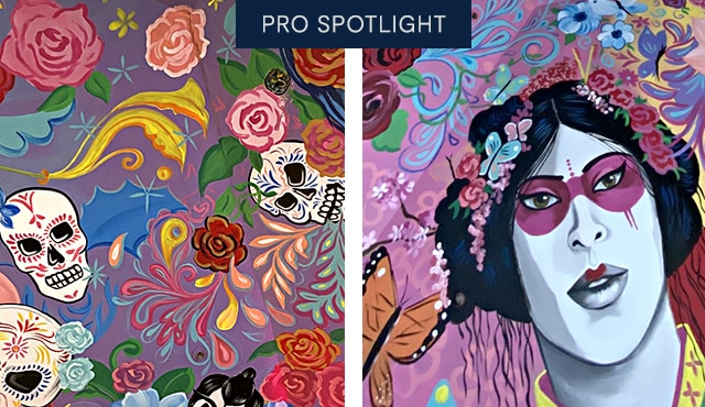 A colorful Day of the Dead inspired ceiling mural featuring roses, multiple sugar skulls, and a geisha in vibrant paint colors including pink, blue, yellow, red, and green.