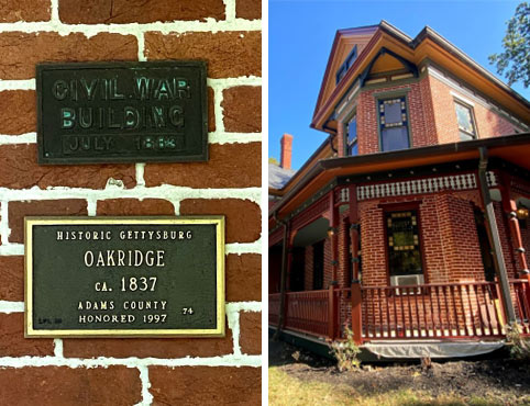 Two images of a Gettysburg historic home exterior, one with a historical plaque, the other showcasing newly painted trim, lattice and railings.