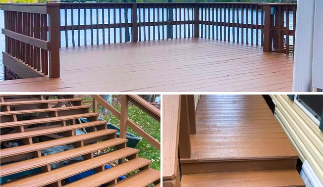 Three images, the first is a wood deck, the second is a close up of deck stairs, and the third is stairs leading to an outdoor walkway.