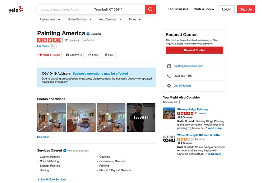 Sample Yelp profile for painting business. 
