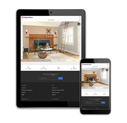Tablet and smartphone displaying Benjamin Moore® Colour a Room function.