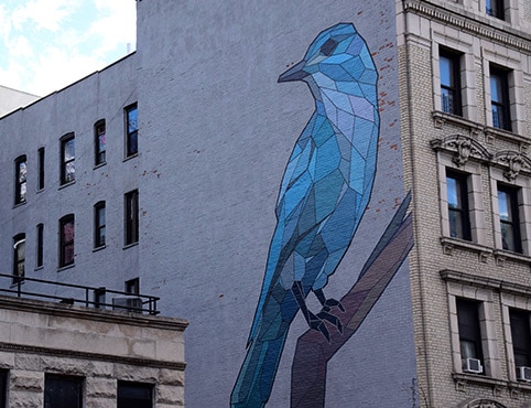 A blue bird on a city wall in Harlem as part of the Mary Lacy Mural Tour.