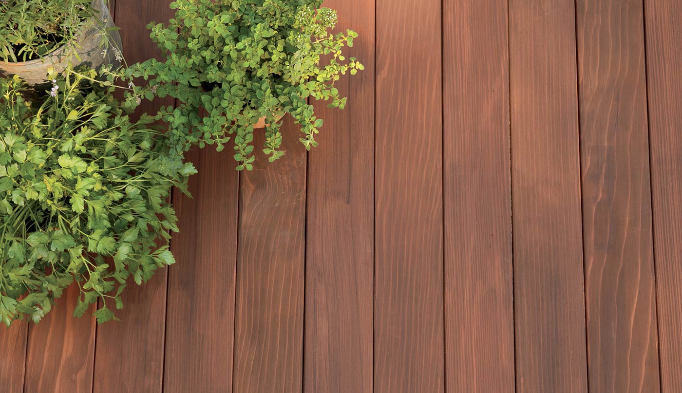 Plants sit on a redwood deck stained in ARBORCOAT Semi Solid in Fresh Brew.