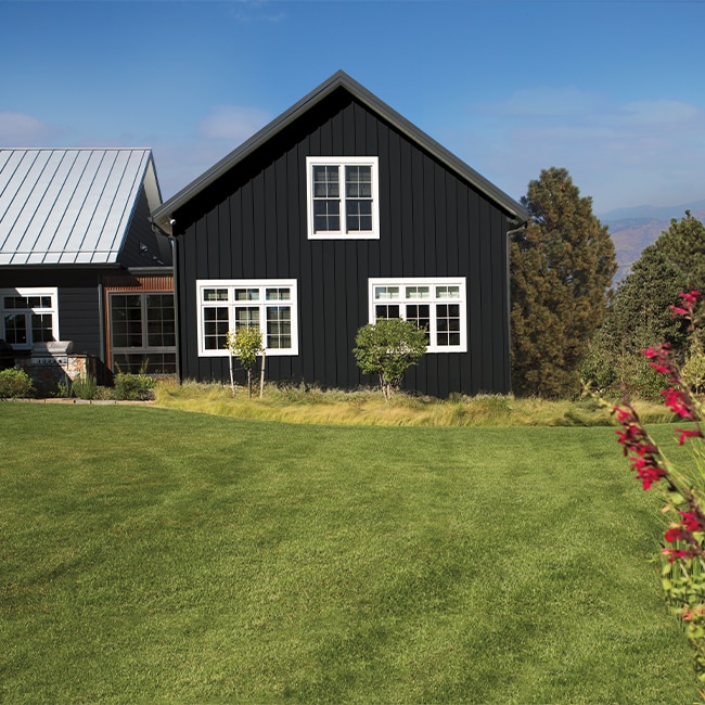 A black-painted ranch-style home with white window trim, surrounded by a lush green lawn and foliage.