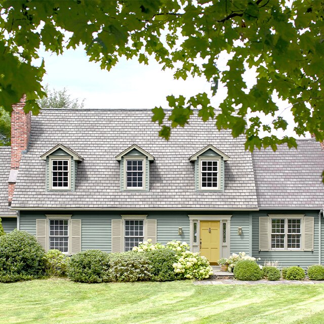 Magnifique maison de style Cape Cod avec parement bleu-gris tendre, persiennes et moulures vert pâle, porte jaune, lucarnes à fenêtres et pelouse et arbustes d’un vert luxuriant.