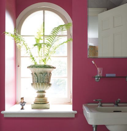 A bold pink painted bathroom with a potted plant and arched window.