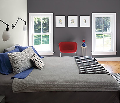 Modern gray bedroom with walls painted in Arctic Seal CSP-15 and Perspective CSP-5. Modern gray bedroom with walls painted in Arctic Seal CSP-15 and Perspective CSP-5.