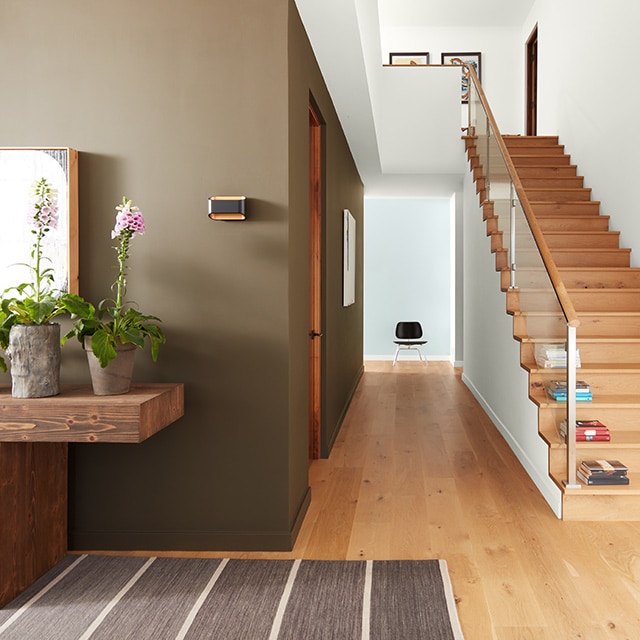 A brown-painted hallway, white ceiling, and wooden stairs leading to a white hallway; earthy natural decor.
