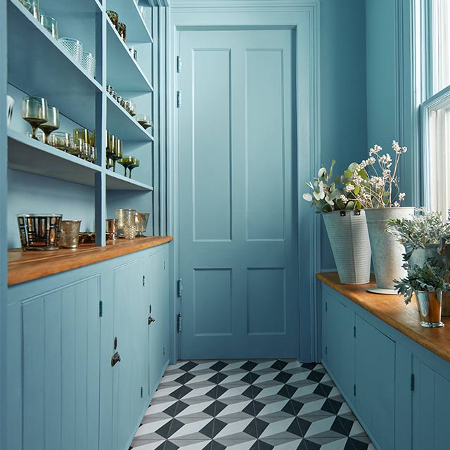 An all-blue-painted pantry with blue shelving, blue door, a window, and tile floors.