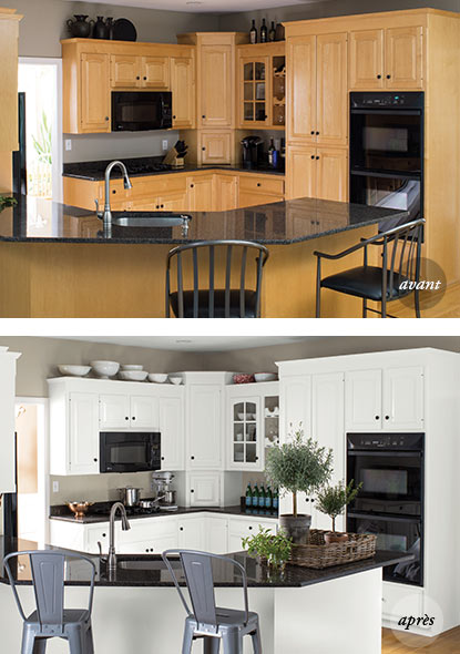 Voici des photos « avant » et « après » d’une cuisine qui a fait l’objet d’une métamorphose toute blanche grâce à la peinture d’intérieur ADVANCEMD.
