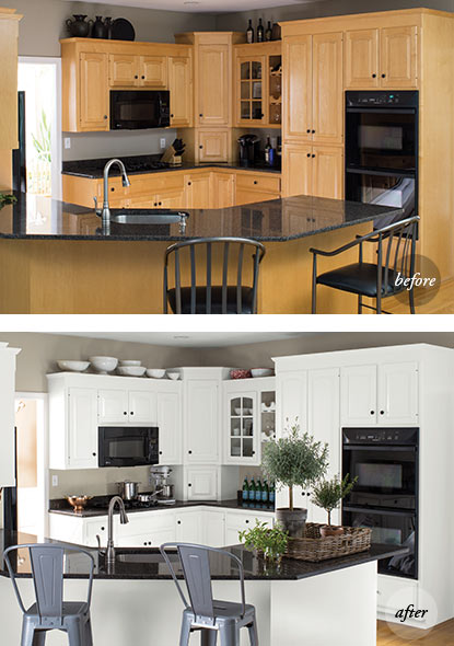 A before and after of the same kitchen features an all-white makeover using ADVANCE® Interior Paint.