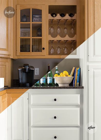 A before and after of a built-in wine rack, glass-paneled cabinet and kitchen drawers showcase an all-white makeover using ADVANCE® Interior Paint.