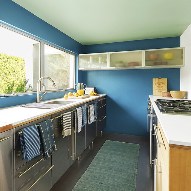 Élégante cuisinette aux murs bleu foncé et plafond vert pâle avec électroménagers en acier inoxydable et petit tapis bleu-vert.