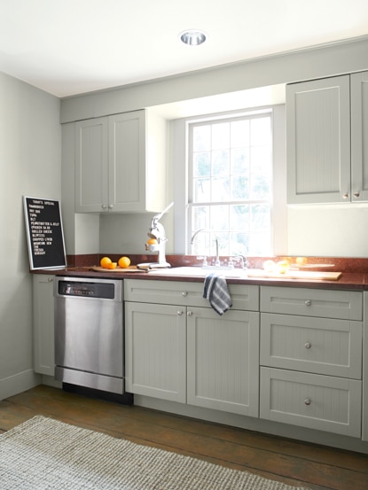 Gray-painted kitchen with sink, dishwasher, and window.