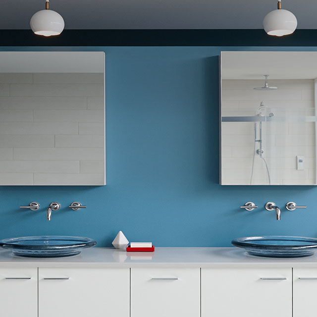 Blue master bathroom with Kohler finishes and large bathtub