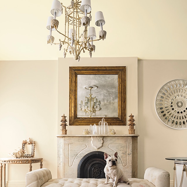 Una sala de estar pintada de dos tonos neutros con una pared greige, un techo blanco impuro y un perro sentado en un diván blanco frente a una chimenea de mármol.