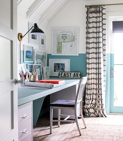 Home office painted in white and blue paint colors