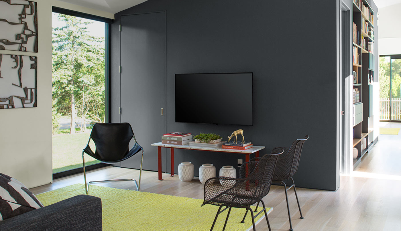 Contemporary living room with dark gray feature wall.