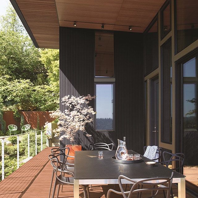 Exterior of a home in Black 2132-10 ARBORCOAT® Exterior Stain, Semi Solid and Leather Saddle Brown, ARBORCOAT® Exterior Stain, Semi Transparent