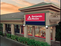 An exterior image of a Benjamin Moore retail store.