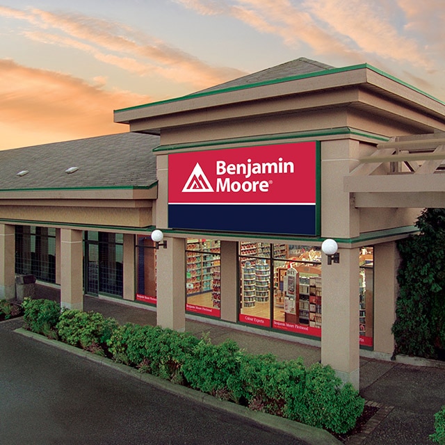 An exterior image of a Benjamin Moore retail store.