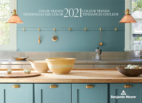 A kitchen with walls and cabinets painted with the Colour of the Year 2021, Aegean Teal 2136-40. A kitchen with walls and cabinets painted with the Colour of the Year 2021, Aegean Teal 2136-40.