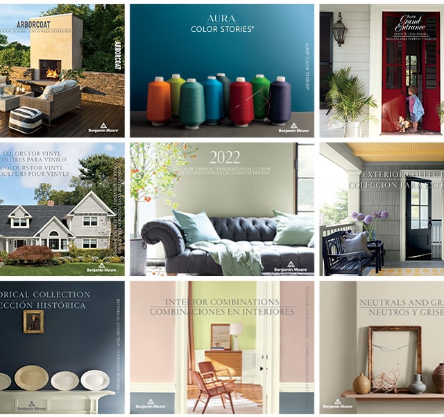 A collage of Benjamin Moore color brochures, all of which offer expert paint color advice and inspiration.