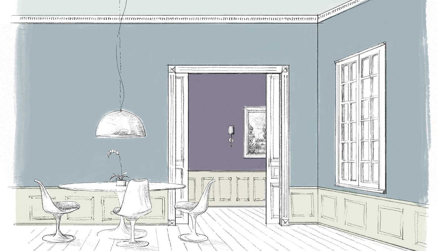 Boceto de un comedor con paredes pintadas de azul, techo pintado de azul claro, revestimiento con paneles de madera verde claro y dos puertas que dan a un pasillo de color violeta intenso.