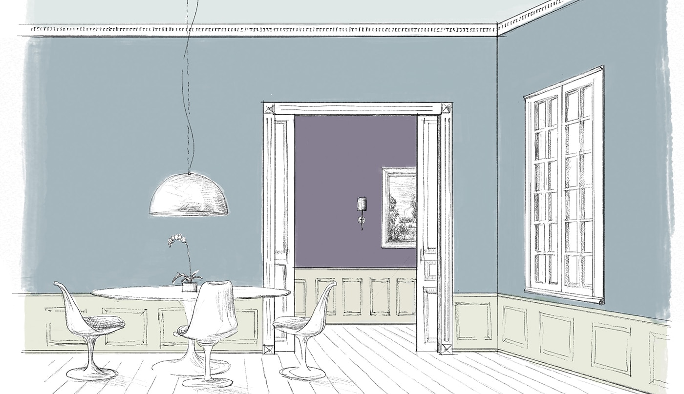 A sketch of a dining area with blue-painted walls, a light blue-painted ceiling, light green wainscoting, and two doors opening to a rich violet hallway.