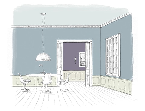 Croquis d’une salle à manger aux murs bleus avec plafond bleu pâle, lambris d’appui vert pâle, et deux portes ouvrant sur un couloir d’un riche violet.