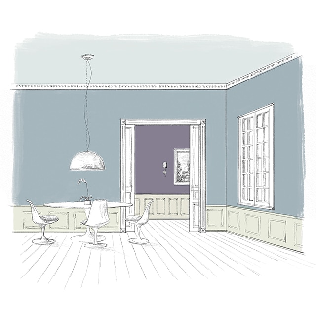 Croquis d’une salle à manger aux murs bleus avec plafond bleu pâle, lambris d’appui vert pâle, et deux portes ouvrant sur un couloir d’un riche violet.