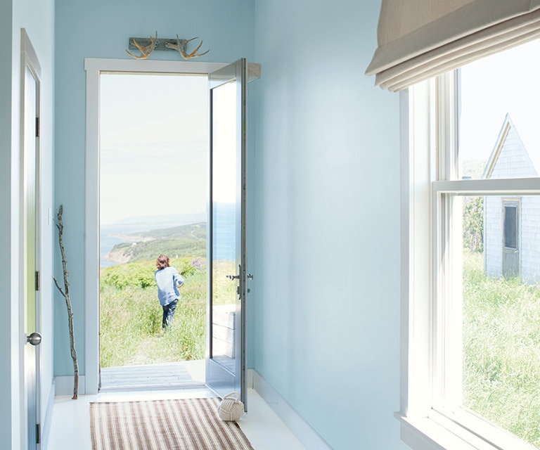 Hallway with light blue walls, white trim, and open door, framing a woman with flowers walking through a field to the ocean.