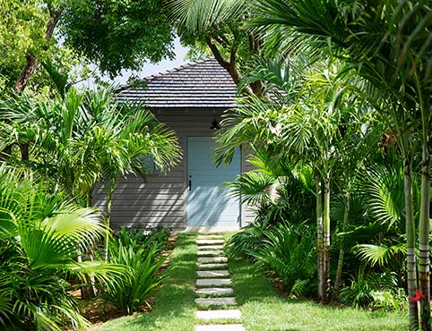 Maison peinte en gris avec porte bleue et chemin d’accès en pierre dans un décor d’arbres et de végétation tropicaux.