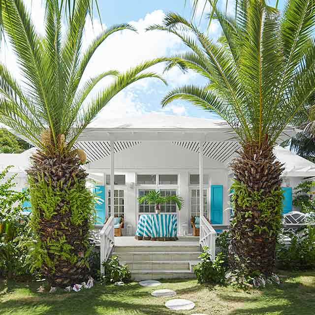 A white-painted house with a wrap-around porch and turquoise shutters, with two large palm trees and tropical plants in front.