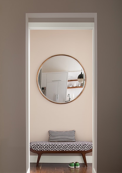 Beige hallway with walls painted in Driftwood 2107-40 and Soft Satin 2164-60.