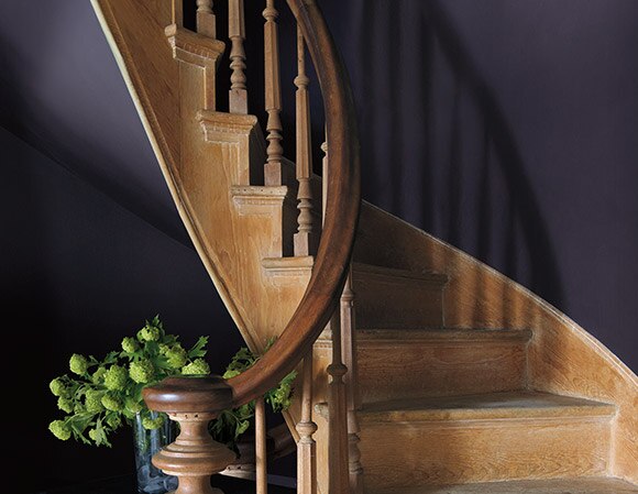 Spiral wooden staircase with purple wall. Spiral wooden staircase with purple wall.