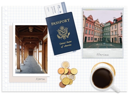 Pictures of an outdoor empty hallway and buildings, a passport, some coins, and a cup of coffee displayed on a piece of paper.