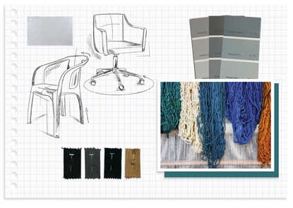 Professionally hand-drawn furniture and pictures of different colors of fabrics and color samples.
