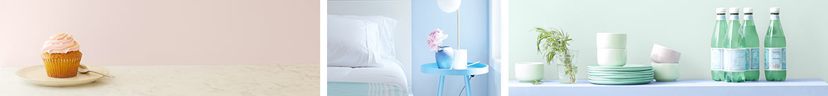 Trois murs enduits de couleurs provenant de la palette Tendances Couleur 2020 de Benjamin Moore.